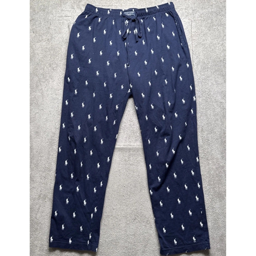Polo Ralph Lauren Men's Lounge Pants Navy Blue White Pony Print Drawstring Large